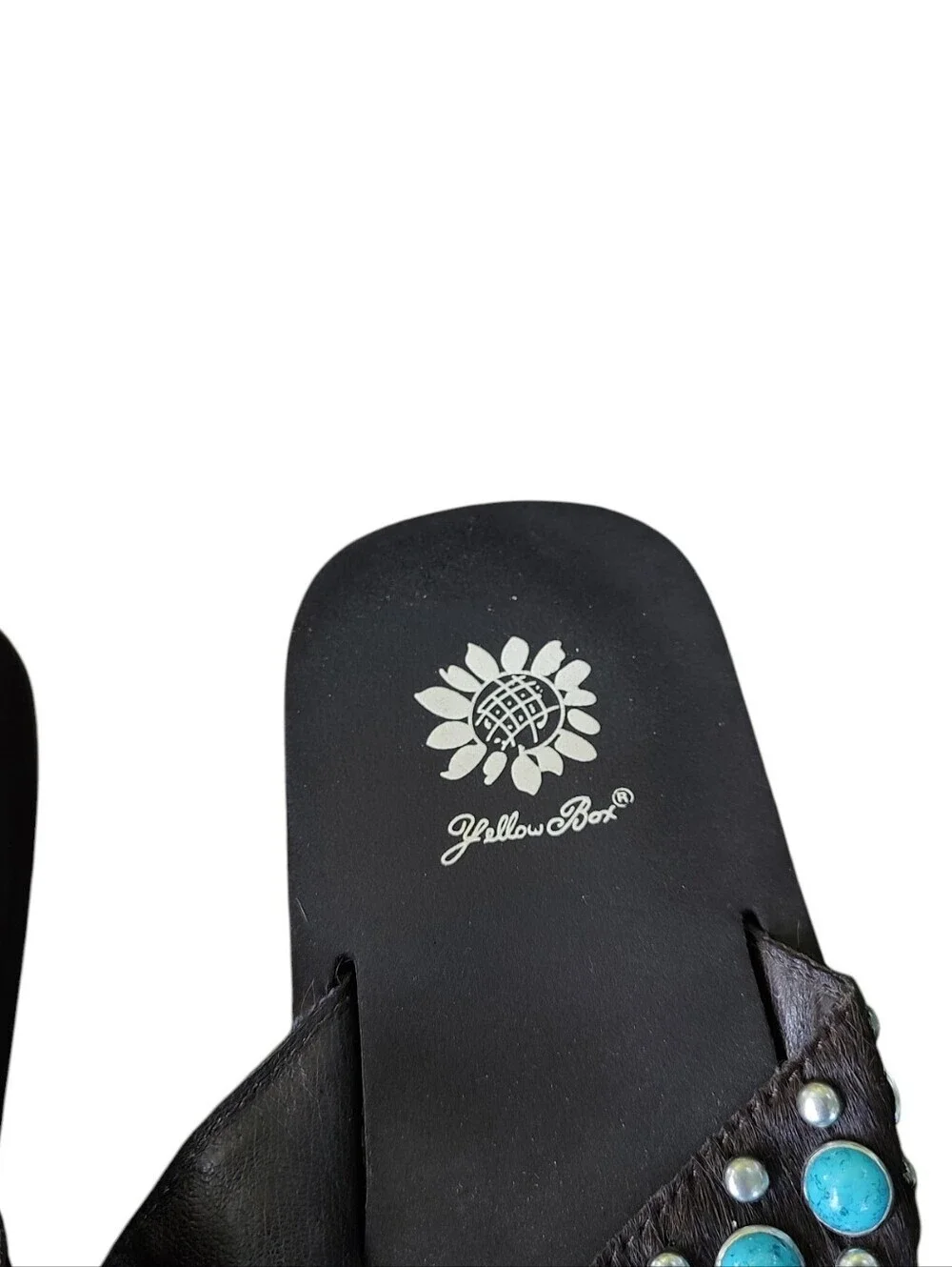 Yellow Box Leather Cowhide Sandal with Turquoise and Iridescent Embellishments